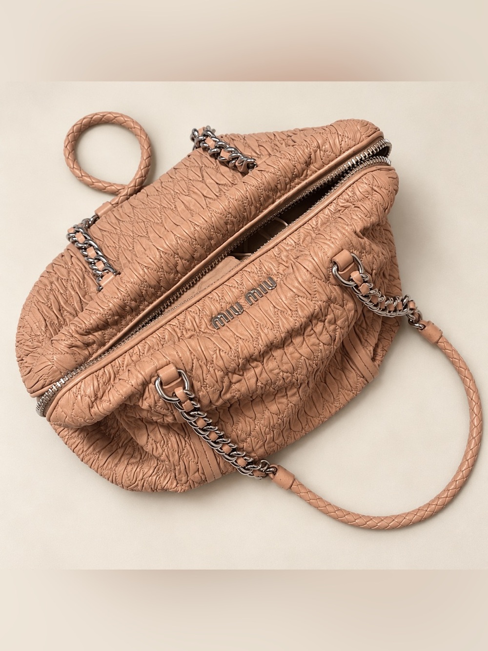 Miu Miu Peach Matelassé Leather Chain Shoulder Bag